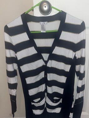 Cache Navy and White Striped Cardigan with Gold Trim Accents. Snap buttons